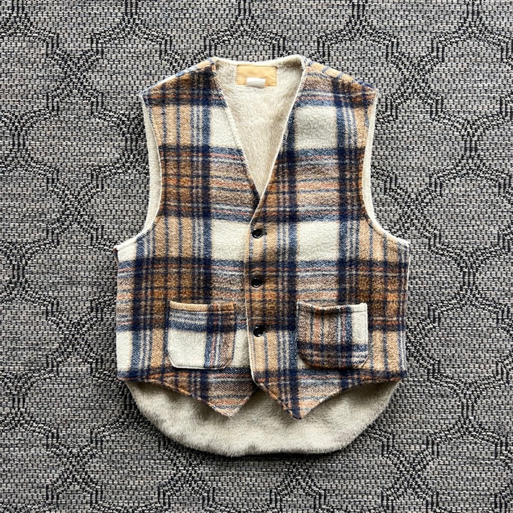 Vintage Vest Mens Large Brown Blue Wool Blend Plaid Sherpa Lined Workwear Cabin
